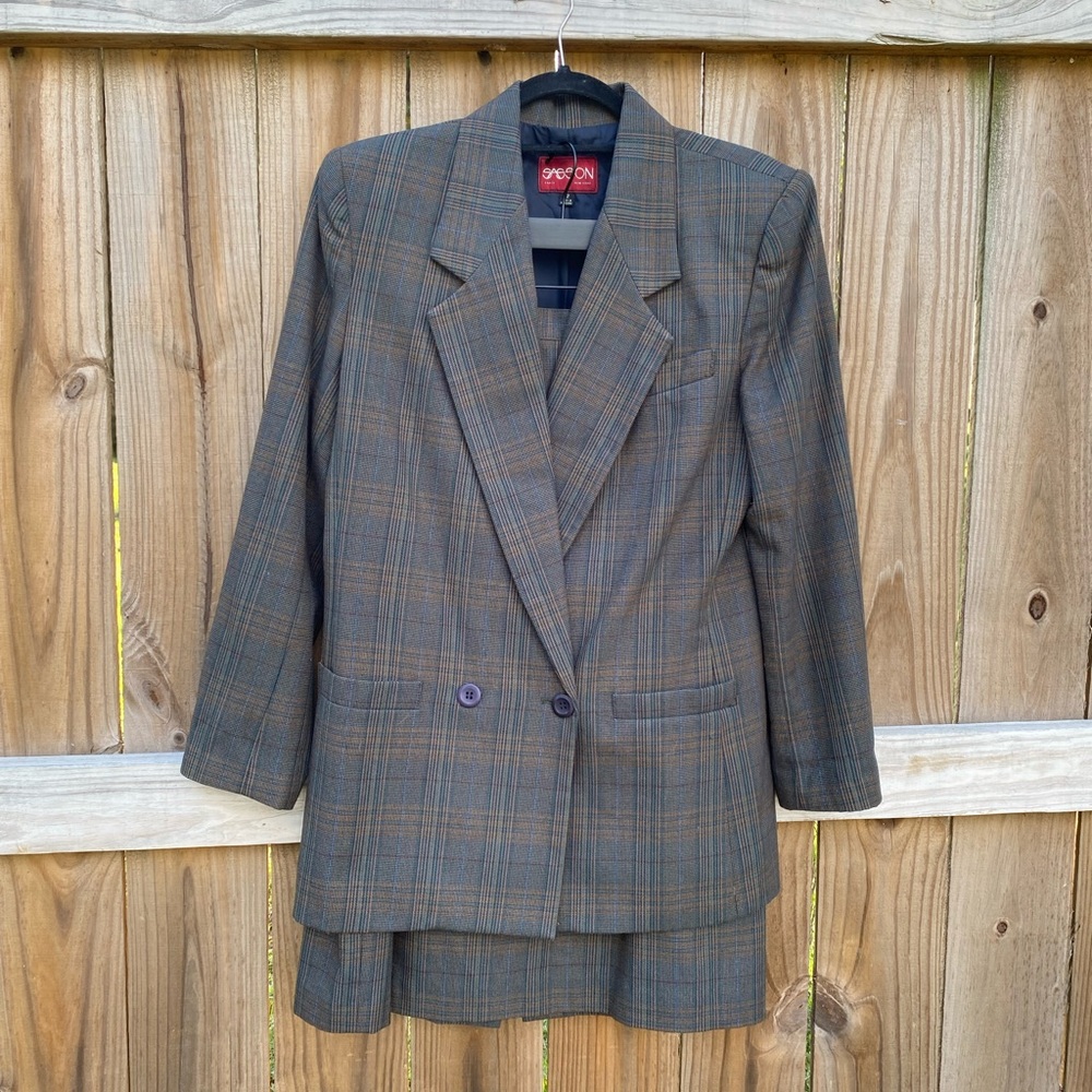 Vintage Sasson Brown Plaid Blazer Jacket and Pencil Skirt Set